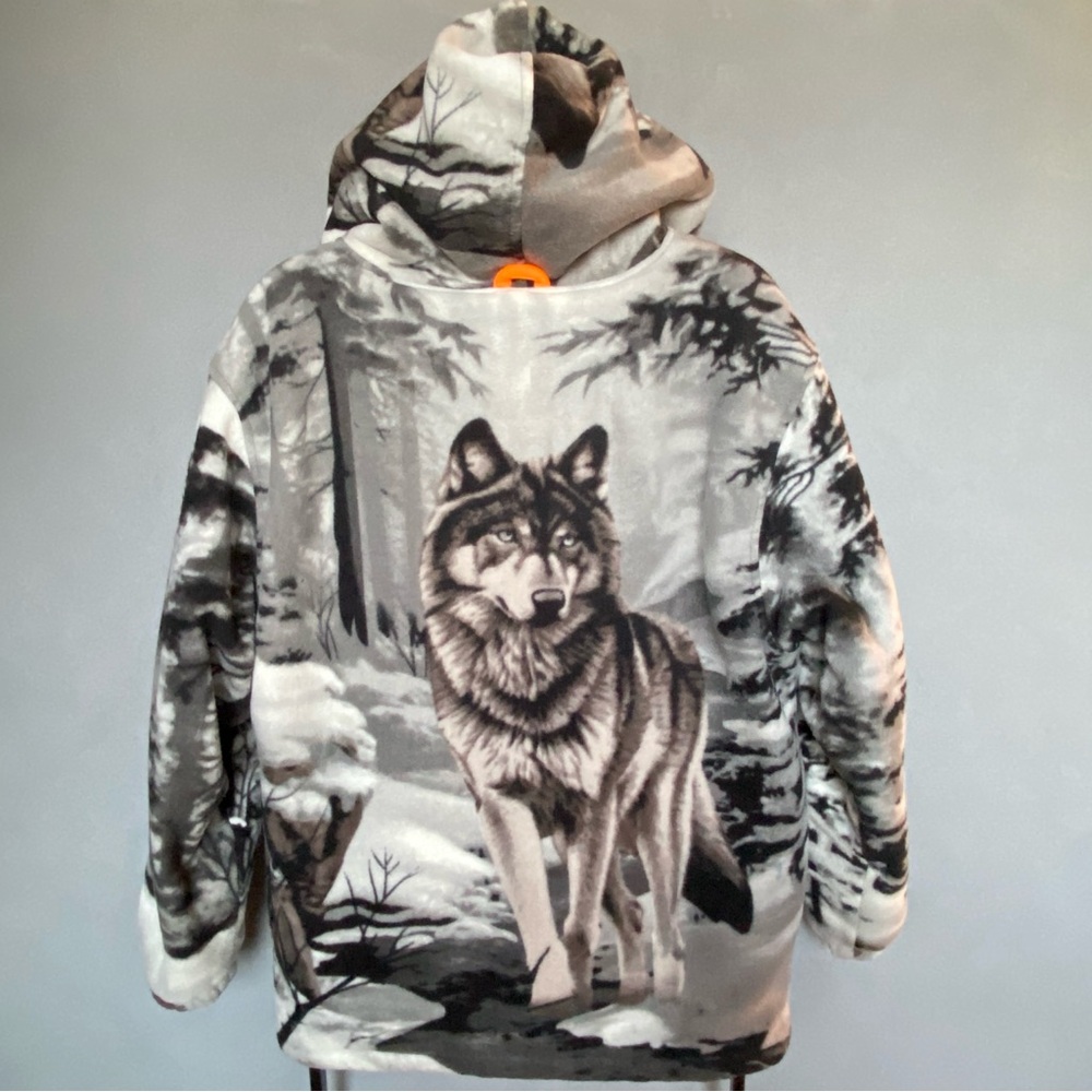 WILDKIND Wolf Graphic Print Gray Hoodie Fleece Sherpa Lined Full Zip Men’s Sz M